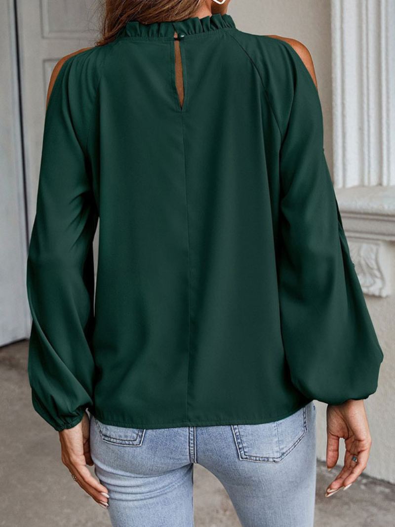 Shirt Dames Met Rode Juweelhals Casual Tops Lange Mouwen - Groen