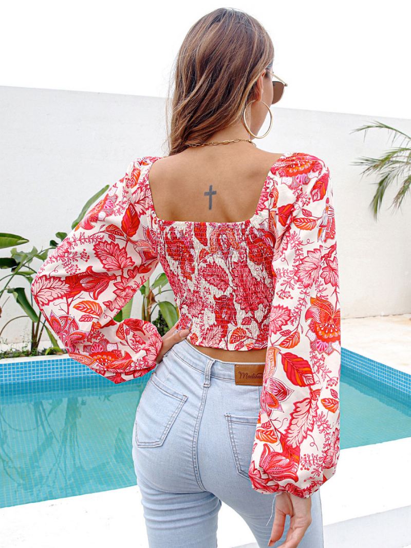 Shirt Dames Rode Bloemenprint V-hals Sexy Tops Met Lange Mouwen - Rood