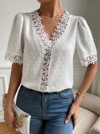 Shirt Dames Witte Appliqué V-hals Casual Tops Met Korte Mouwen