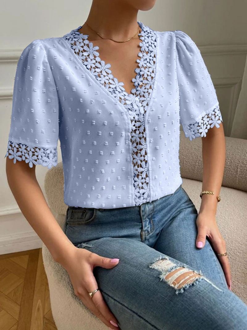 Shirt Dames Witte Appliqué V-hals Casual Tops Met Korte Mouwen - Licht Hemelsblauw