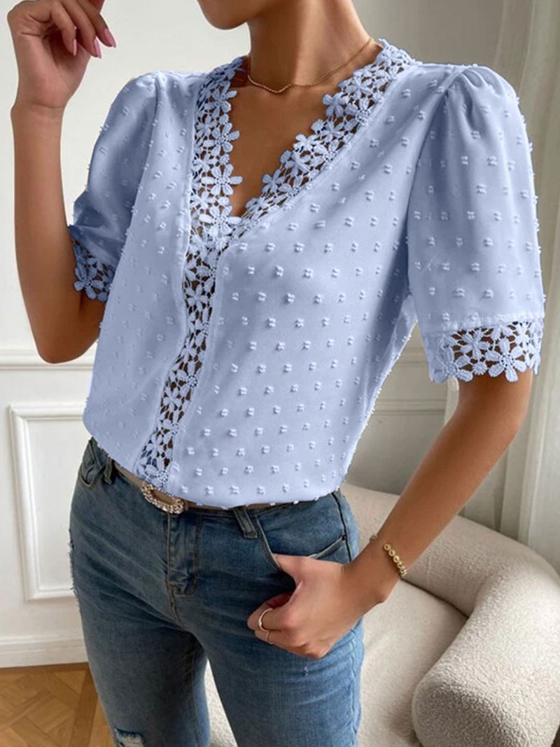 Shirt Dames Witte Appliqué V-hals Casual Tops Met Korte Mouwen - Licht Hemelsblauw