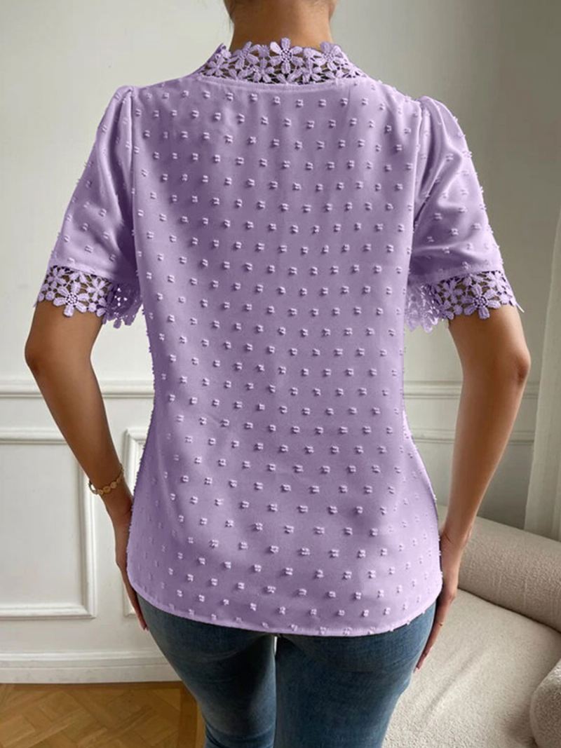 Shirt Dames Witte Appliqué V-hals Casual Tops Met Korte Mouwen - Lavendel