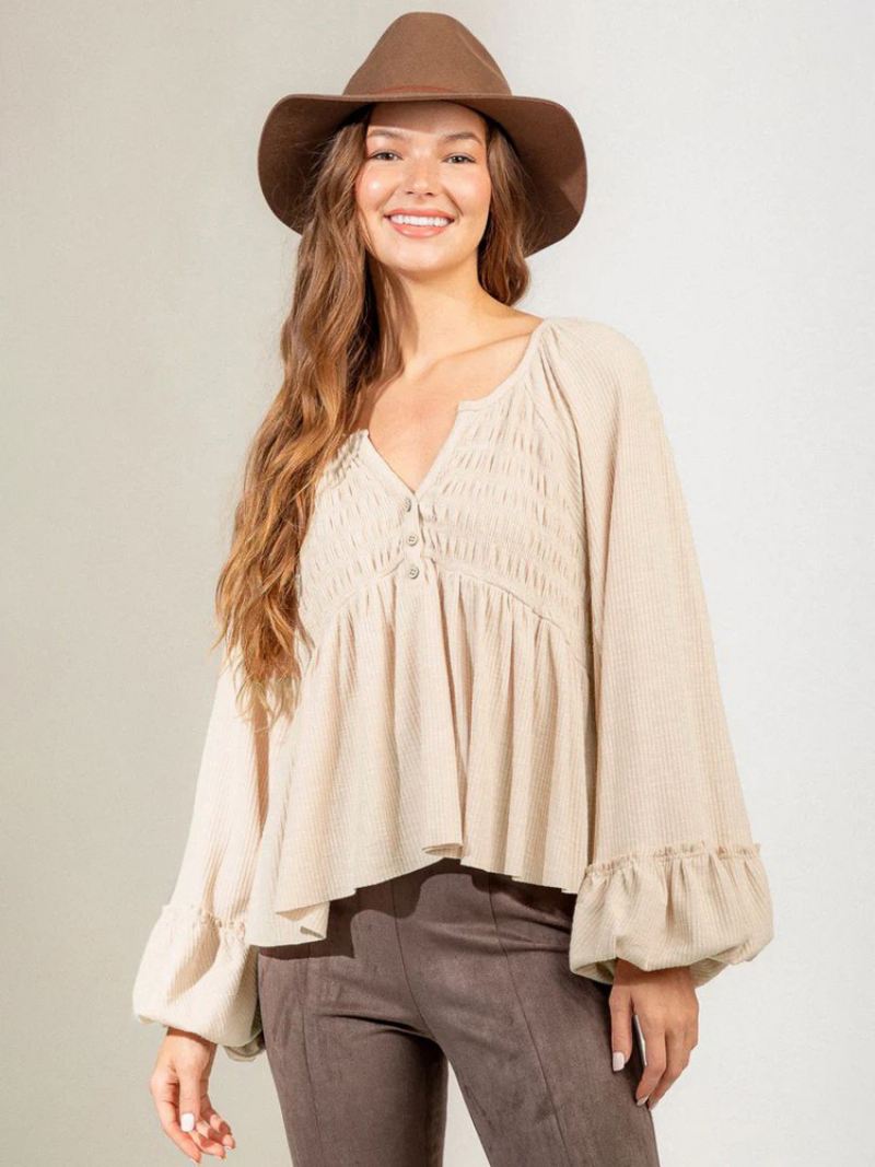 Shirt Dames Zwart Oversized Geplooide Halslijn Casual Lange Mouwen Polyester Tops - Beige