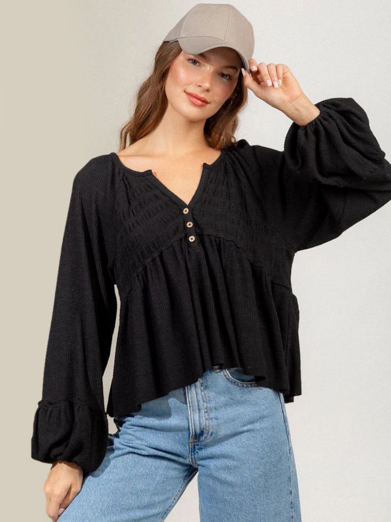 Shirt Dames Zwart Oversized Geplooide Halslijn Casual Lange Mouwen Polyester Tops - Zwart