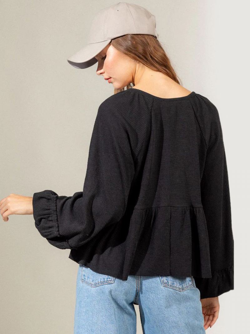 Shirt Dames Zwart Oversized Geplooide Halslijn Casual Lange Mouwen Polyester Tops - Zwart