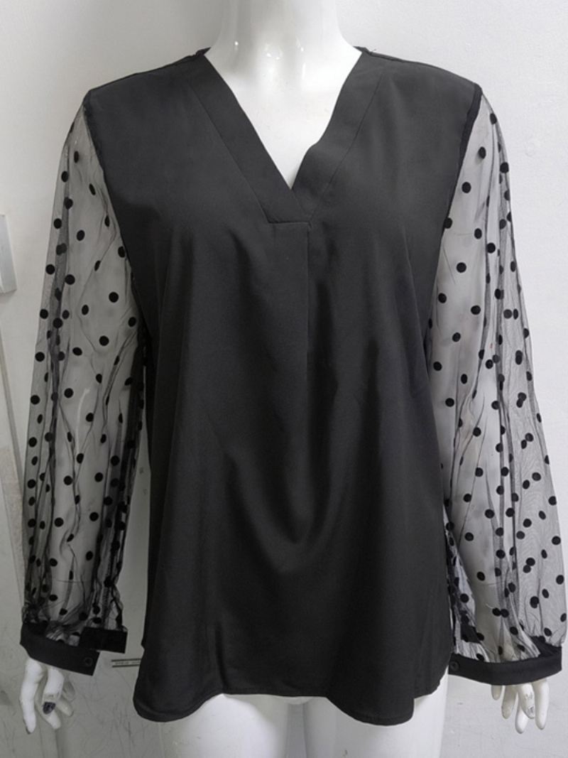 Shirt Dames Zwart Polyester V-hals Casual Polka Dot Lange Mouwen Tops - Zwart