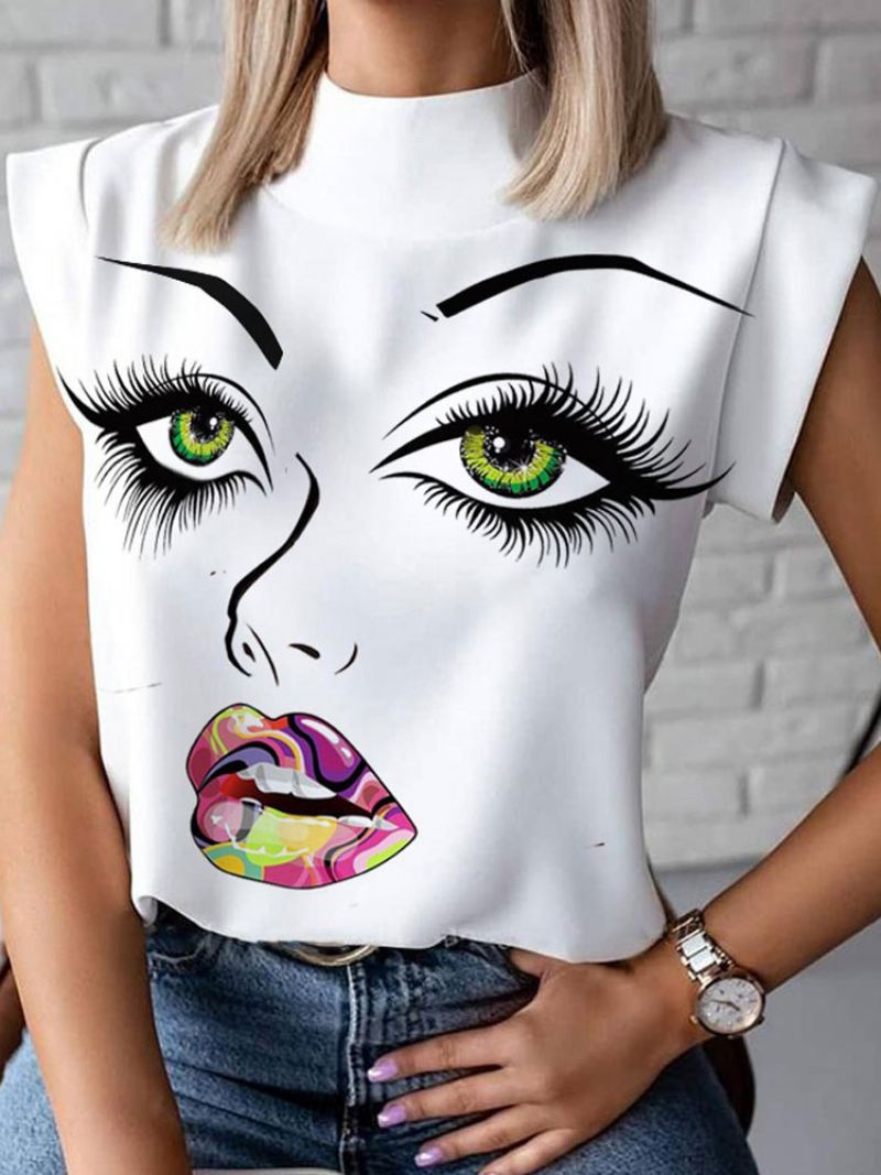 Witte Blouse Dames Met Juweelhals Casual Korte Mouwen Printpatroon Chiffon Sumer T-shirt - Paars