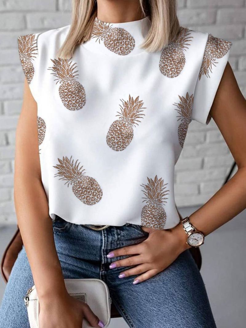 Witte Blouse Dames Met Juweelhals Casual Korte Mouwen Printpatroon Chiffon Sumer T-shirt - Koffiebruin