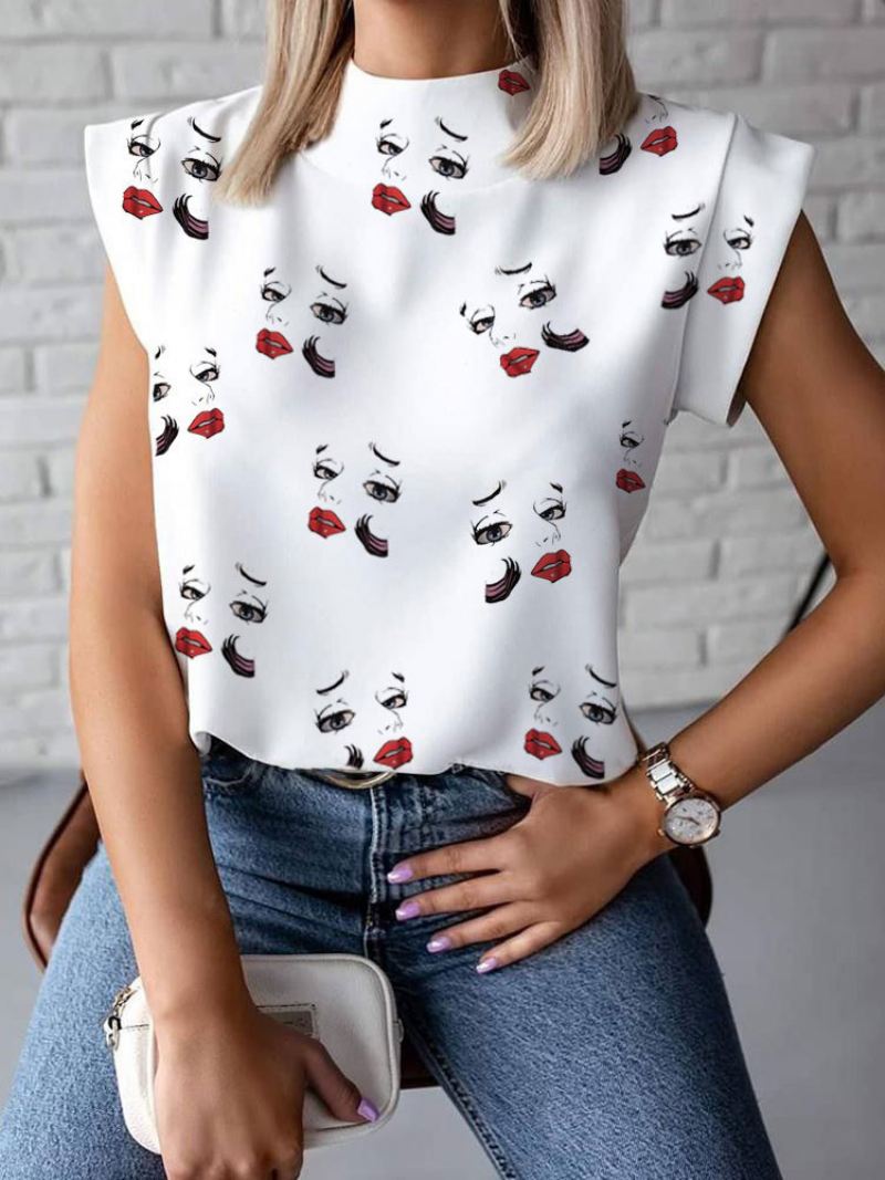 Witte Blouse Dames Met Juweelhals Casual Korte Mouwen Printpatroon Chiffon Sumer T-shirt - Oranjerood